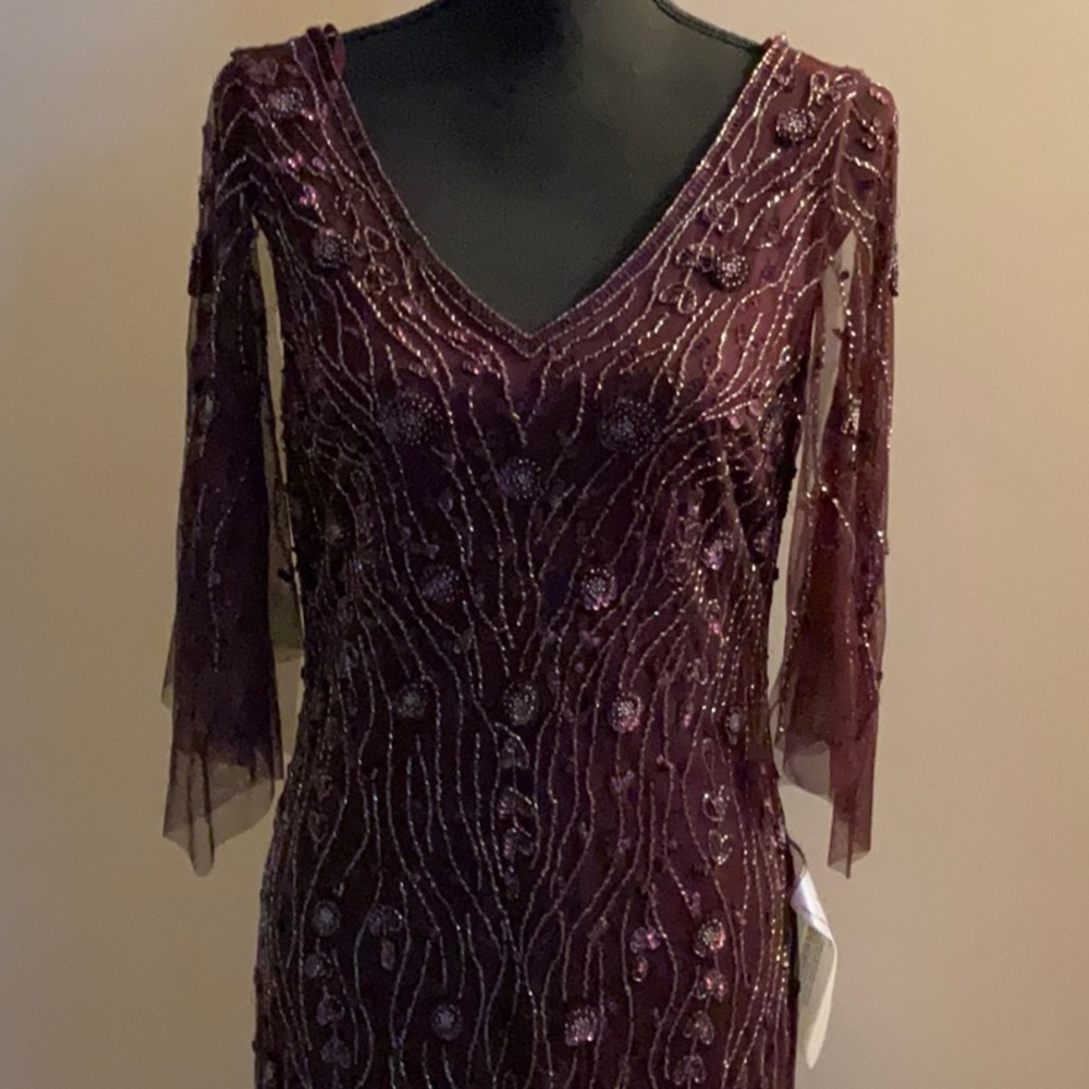 V-Neck Beaded Flutter Sleeve Formal Gown. Mother of the Bride Dress - Picture 3 of 8